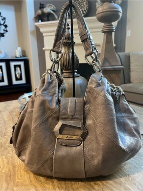 Marciano Taupe Leather Hobo with Chain Hardware.